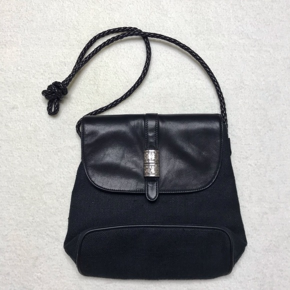 Fossil Handbags - FOSSIL Black Leather Canvas Purse Braided Strap